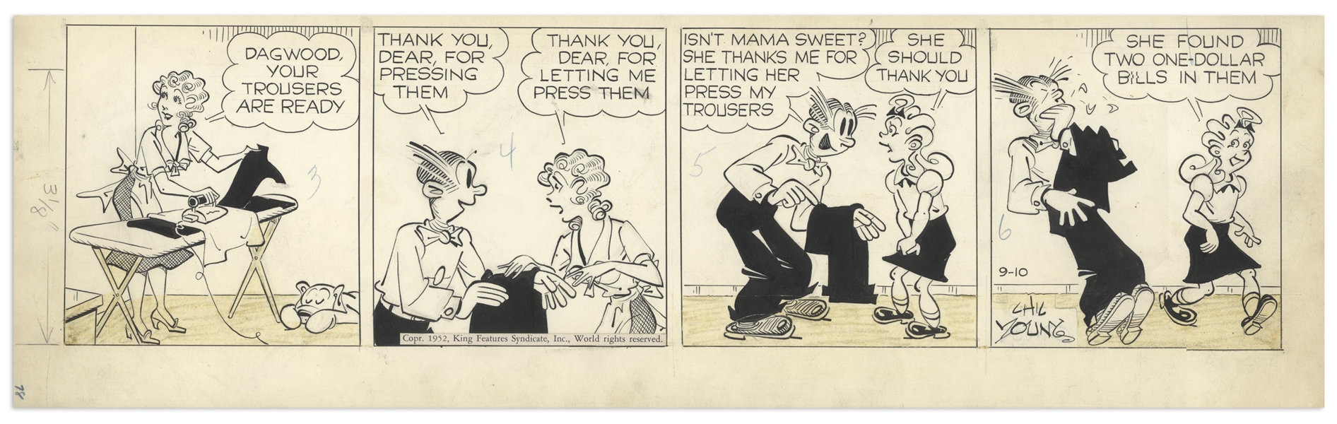 Chic Young Hand-Drawn ''Blondie'' Comic Strip From 1952 Titled ''Service With a Smile''